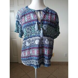 Farmers Market Women size  Large Floral Blouse Short  Sleeve Tassel Boho Peasant